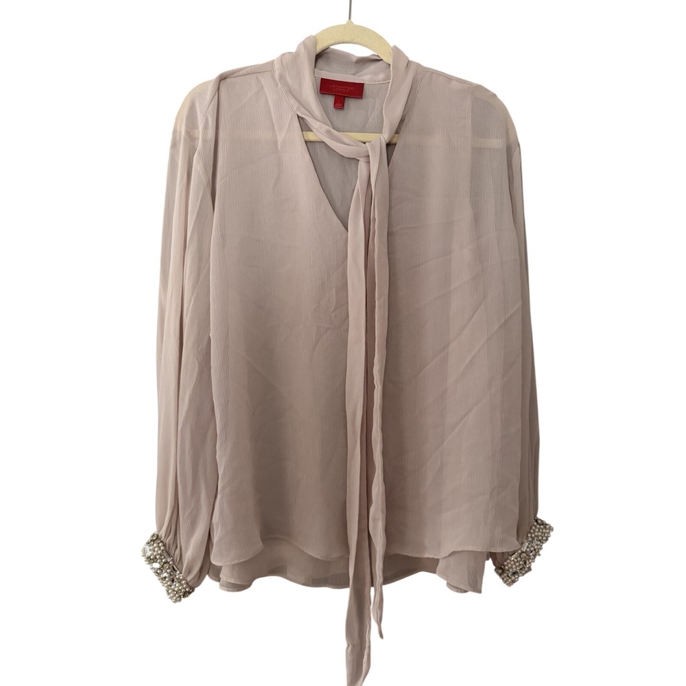 Jennifer Lopez Women's L Light Blush Sheer Embellished Sleeve Blouse | SKU 0080